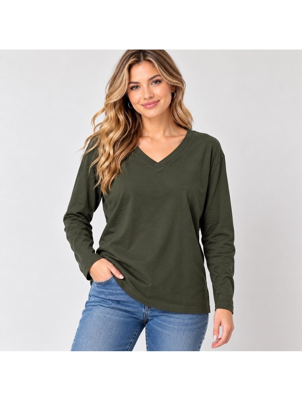 White Stag Vintage Y2K Olive Green V Neck Long Sleeve Shirt Women’s XL Cotton